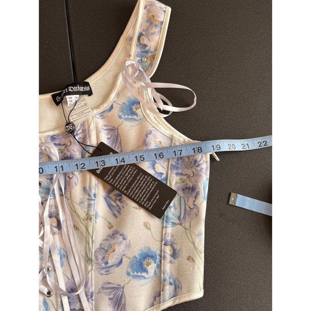 Scarlet Darkness Floral Corset Top Blue Poppy Lace Up Renaissance Cream Size 14 - Picture 11 of 12